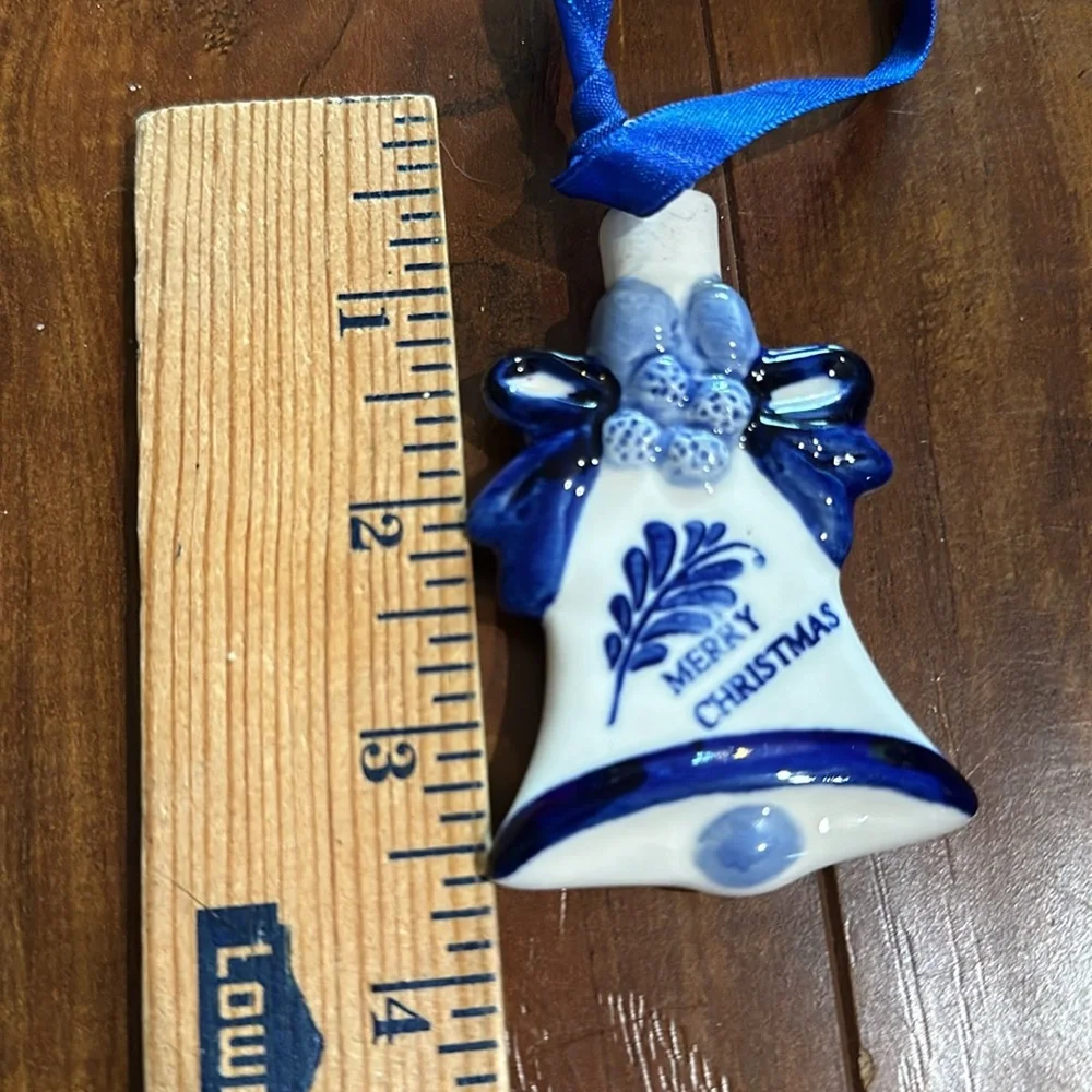 Blue White Porcelain Bell Christmas Ornament Merry Christmas Delft Style